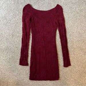 Deep red floral lace long sleeve mini dress